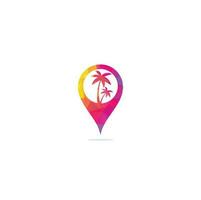 praia tropical e design de logotipo de palmeira. Palm tree map pin forma conceito design de logotipo de vetor. logotipo da praia vetor