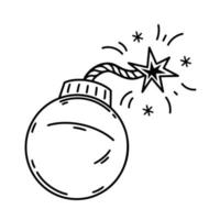 ícone de vetor de bomba. ilustração desenhada à mão isolada no branco. uma granada redonda com um pavio em chamas. arma explosiva perigosa. rabisco simples, contorno preto. clipart para logotipo, web, aplicativos, impressão