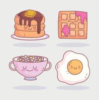 panqueca de cereais de ovo frito e menu de waffle café da manhã comida de desenho animado fofo vetor