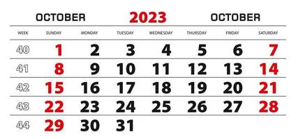 calendário de parede 2023 para outubro, início da semana a partir de domingo. vetor
