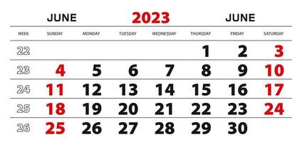 calendário de parede 2023 para junho, início da semana a partir de domingo. vetor