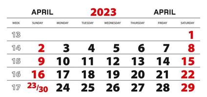 calendário de parede 2023 para abril, início da semana a partir de domingo. vetor