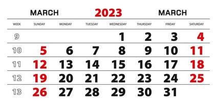 calendário de parede 2023 para março, início da semana a partir de domingo. vetor