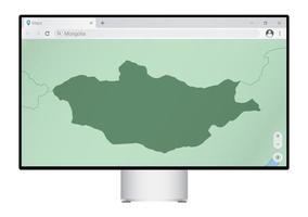 monitor de computador com mapa da mongólia no navegador, procure o país da mongólia no programa de mapeamento da web. vetor