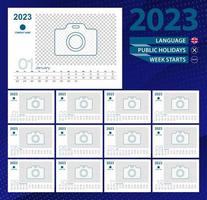 calendário de mesa 2023, grade de 2 semanas em inglês. lugar para foto para ilustração. vetor