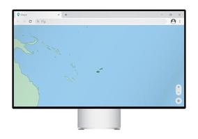 monitor de computador com mapa de fiji no navegador, procure o país de fiji no programa de mapeamento da web. vetor