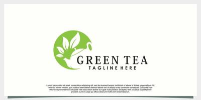 design de logotipo de chá verde com conceito criativo de folha e bule vetor