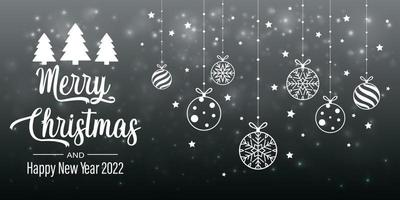 cartão de feliz ano novo. cartão de Natal. fundo de celebração com paisagem de natal, árvore de natal, bolas e lugar para o seu texto. ilustração vetorial vetor