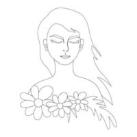 mulher jovem e bonita com flores no estilo de linha artística. ilustração vetorial vetor