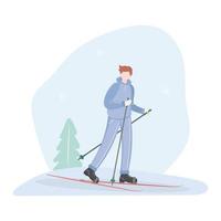 um homem vai esquiar na floresta. ilustração vetorial vetor