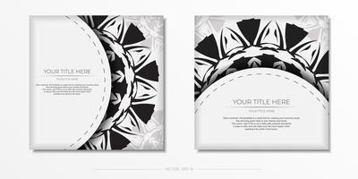 preparando um convite com um lugar para seu texto e padrões abstratos. modelo de vetor luxuoso para cartões postais de design de impressão cor branca com padrões pretos.