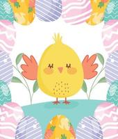 feliz páscoa frango bonito com flores de decoração de borda de ovos vetor