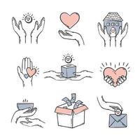 doação de caridade para a saúde. um conjunto com elementos de corações nas mãos. ilustração vetorial de um doodle vetor