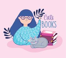 dia do livro, adolescente com gato e livros vetor