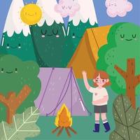 acampamento menina tenda montanhas florestais e fogueira em estilo cartoon vetor
