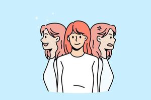 rostos de mulher jovem sentem emoções diferentes sofrem de transtorno bipolar. garota tem mudanças de humor, luta com doenças mentais. conceito de problema de saúde, psicoterapia. ilustração vetorial plana. vetor