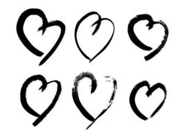 corações de pincel desenhados à mão. conjunto de seis corações grunge preto doodle sobre fundo branco. símbolo de amor romântico. ilustração vetorial. vetor