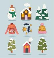 inverno boneco de neve casa neve montanha árvore suéter conjunto de ícones dos desenhos animados vetor
