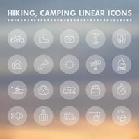 caminhadas, camping, ícones de linha ao ar livre, bota de caminhada, lanterna, barraca, mapa, caiaque, pictogramas, conjunto de ícones lineares transparentes, ilustração vetorial vetor