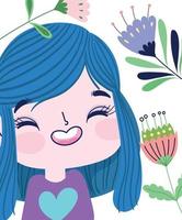 garota feliz com pétalas de flores caule natureza botânica vetor