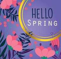 olá primavera, letras lindas flores deixa fundo roxo vetor