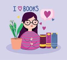 dia do livro, livros de amor de menina adolescente e planta em vaso vetor