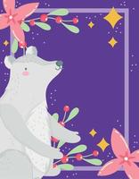 natal urso polar azevinho bagas e flores cartão de desenho animado de animais de inverno vetor