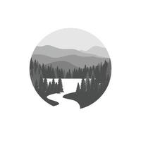 modelo de design de logotipo de montanhas, rio e floresta. paisagem natural com árvores, ícone de paisagem natural. vetor