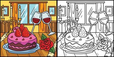 bolo, velas e ilustração de página para colorir vinho