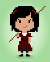Pixel de 8 bits da linda garota carregando uma vara. mulheres dos desenhos animados em ilustrações vetoriais. vetor