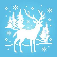 veado de pixels de 8 bits na neve. animais para jogos de ativos em ilustrações vetoriais. veado no inverno para padrões de ponto cruz. vetor