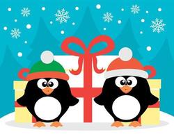 cartão de feliz ano novo com pinguim papai noel e elfo pinguim vetor