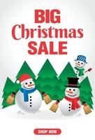 cartaz de venda de natal com um boneco de neve engraçado. grande design de banner de venda de natal vetor