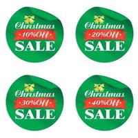 conjunto de adesivos verdes de venda de natal 10, 20, 30, 40 com sino de ouro e fita vermelha vetor
