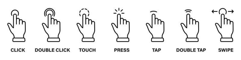 conjunto de ícones de linha de dedo de ponteiro de mouse de computador. pictograma linear de mão do cursor. clique pressione toque duplo toque ponto de furto gesto símbolo de contorno preto. traço editável. ilustração vetorial isolado. vetor