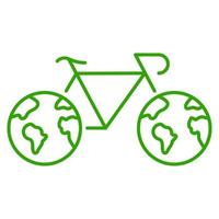 bicicleta com rodas no ícone da linha de forma do planeta Terra. salve o pictograma de transporte ambiental. símbolo de contorno de transporte eco amigável. bicicleta ecológica. traço editável. ilustração vetorial isolado. vetor