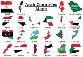 conjunto de mapas de bandeira nacional de países árabes, todas as 22 peças de quebra-cabeça de coleção de mapas de bandeira árabe. vetor