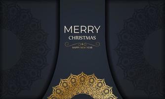 feliz natal e feliz ano novo modelo de folheto de saudação na cor azul escuro com ornamento de ouro vintage vetor