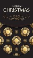 cartão postal feliz natal e feliz ano novo na cor preta com enfeites de ouro. vetor