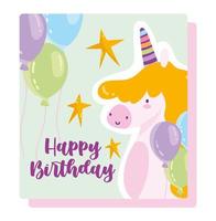 cartão de feliz aniversário balões unicórnio vetor