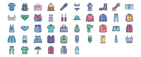 coleção de ícones relacionados à moda e roupas, incluindo ícones como mochila, vestido, gorro, bolsa e muito mais. ilustrações vetoriais, conjunto perfeito de pixels vetor