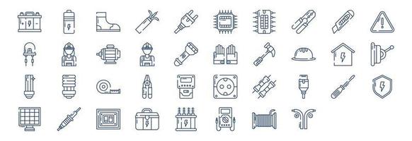 coleção de ícones relacionados ao eletricista, incluindo ícones como acumulador, bateria, botas, cpu e muito mais. ilustrações vetoriais, conjunto perfeito de pixels vetor