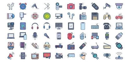 coleção de ícones relacionados a dispositivos e gadgets, incluindo ícones como alarme, bluetooth, câmera, chip e muito mais. ilustrações vetoriais, conjunto perfeito de pixels vetor