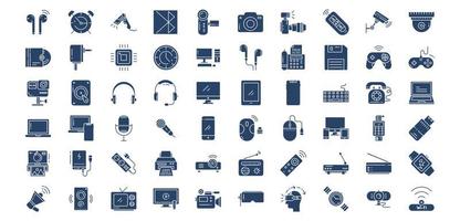 coleção de ícones relacionados a dispositivos e gadgets, incluindo ícones como alarme, bluetooth, câmera, chip e muito mais. ilustrações vetoriais, conjunto perfeito de pixels vetor