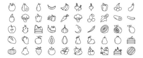 coleção de ícones relacionados a frutas e legumes, incluindo ícones como maçã, abacate, banana, cenoura e muito mais. ilustrações vetoriais, conjunto perfeito de pixels vetor