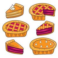conjunto de torta de mão desenhada - estilo cartoon em branco. tortas de morango e abóbora. pedaços e tortas inteiras. vetor