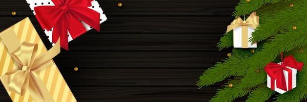 composição de natal em fundo de madeira. design de decoração de natal, bola de bugiganga, floco de neve cor preta, guirlanda de luz dourada, pinha, ramos de abeto. textura de madeira realista preta. postura plana, vista superior. vetor