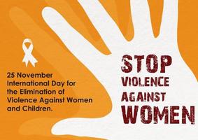 frase de slogan vermelha sobre o dia internacional para a eliminação da violência contra as mulheres na silhueta branca da mão humana com o dia, nome das letras do evento e fita branca em fundo laranja. vetor