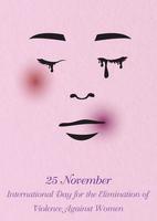 rosto de mulher chorando de ser ferido com hematoma e dia internacional para a eliminação da violência contra as mulheres redação e o dia do evento na cor violetas no fundo rosa. vetor