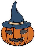 abóbora de halloween assustadora com um rosto em um chapéu de bruxa vetor
